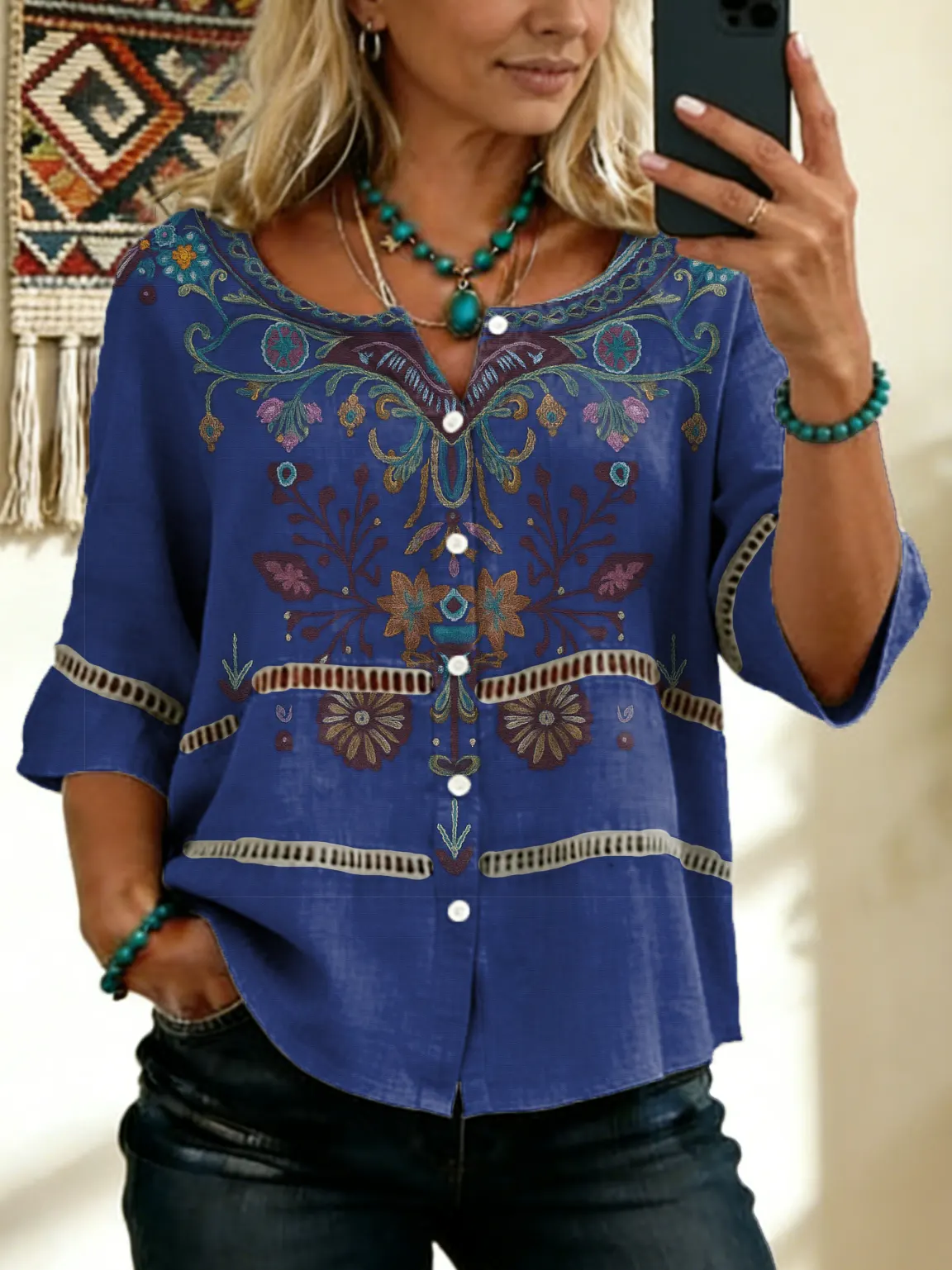 Women's Vintage Floral Art Print Tie-front Button-up Cotton-linen Blend Short-sleeve Shirt