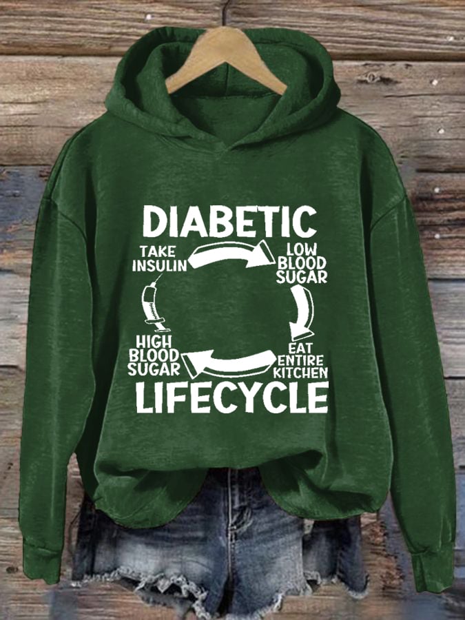Women's Diabetic Life Cycle Diabetes Support Awareness Print Hoodie Long Sleeve Sweatshirt