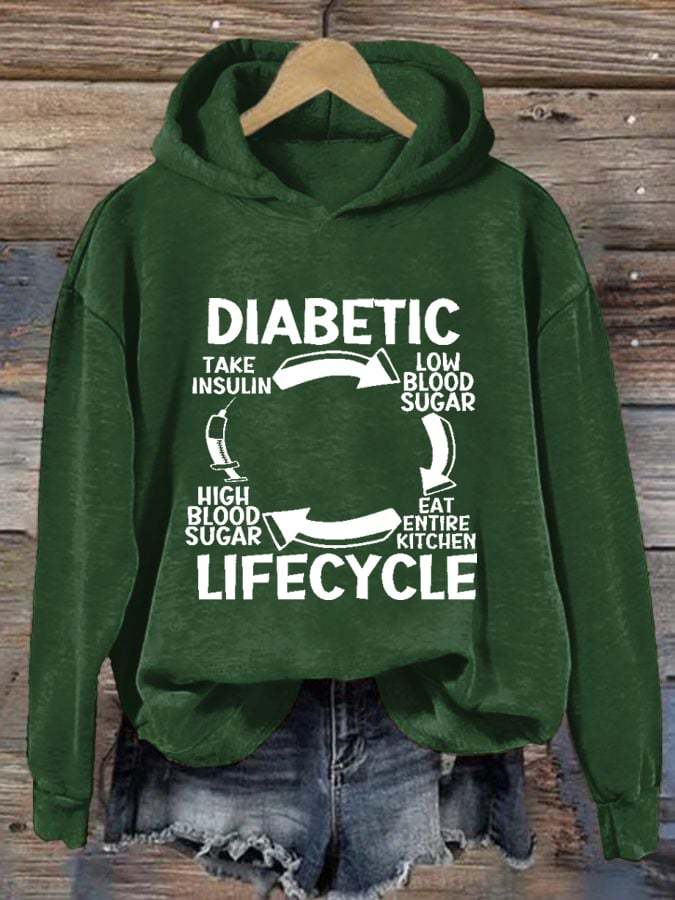 Women's Diabetic Life Cycle Diabetes Support Awareness Print Hoodie Long Sleeve Sweatshirt