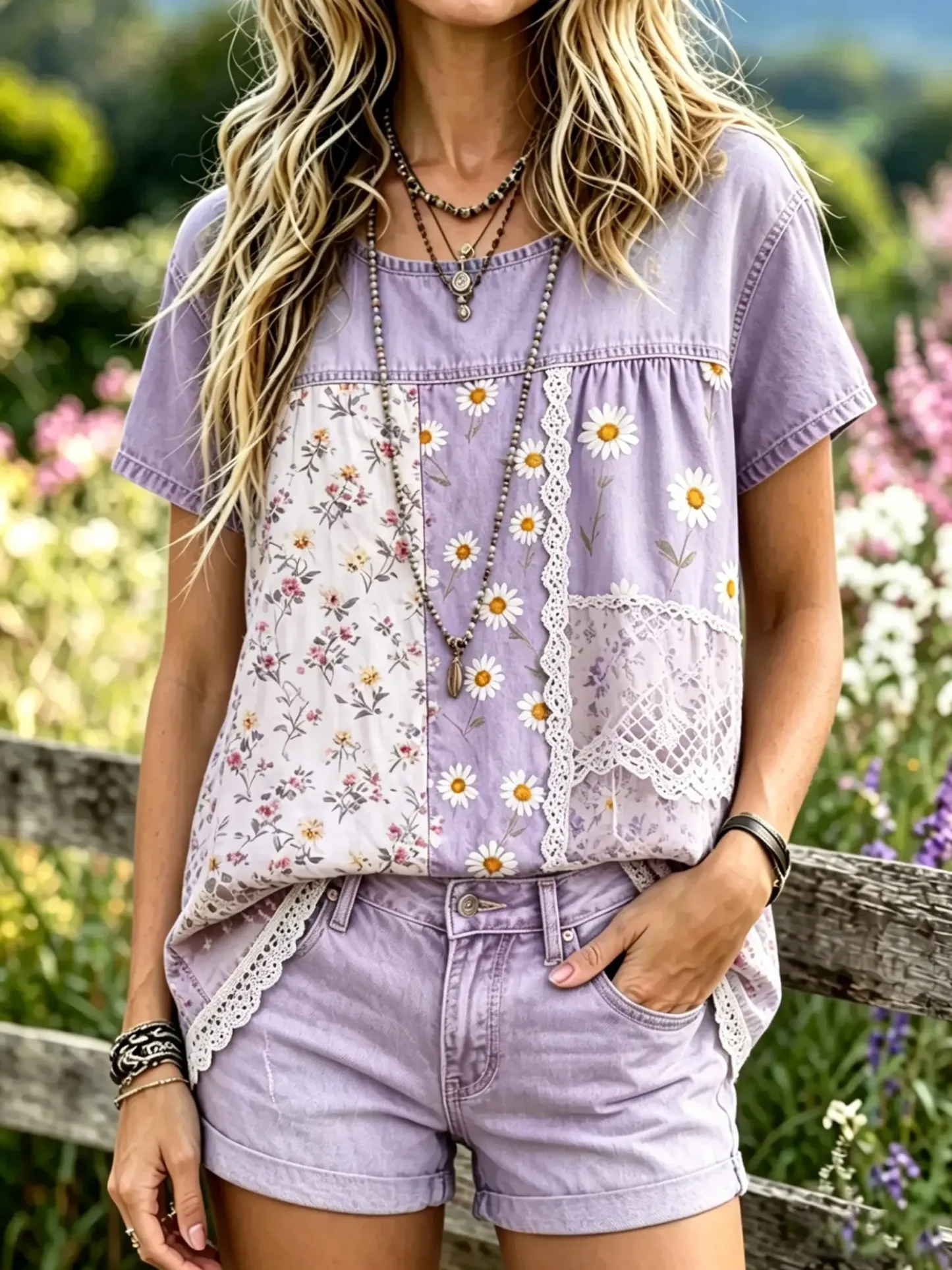 Women's Denim Patchwork Daisy Floral Print Short Sleeve Blouse