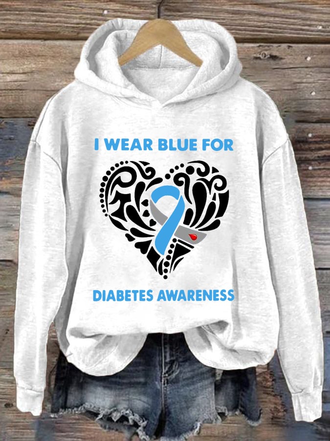Women's I Wear Blue For Diabetes Awareness Print Hoodie Long Sleeve Sweatshirt