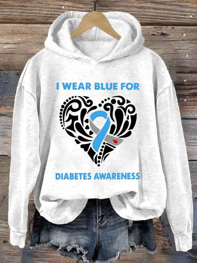 Women's I Wear Blue For Diabetes Awareness Print Hoodie Long Sleeve Sweatshirt
