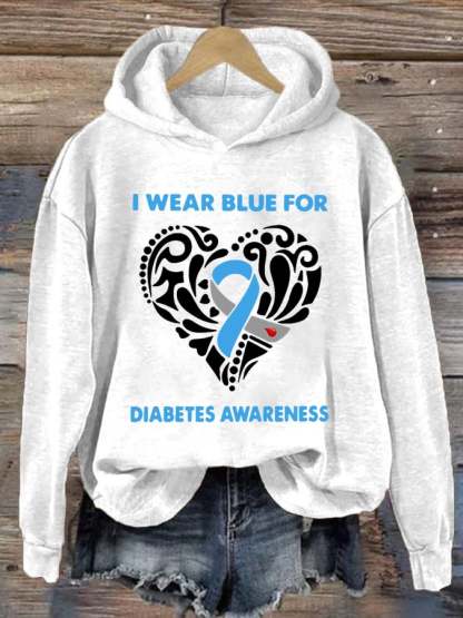 Women's I Wear Blue For Diabetes Awareness Print Hoodie Long Sleeve Sweatshirt