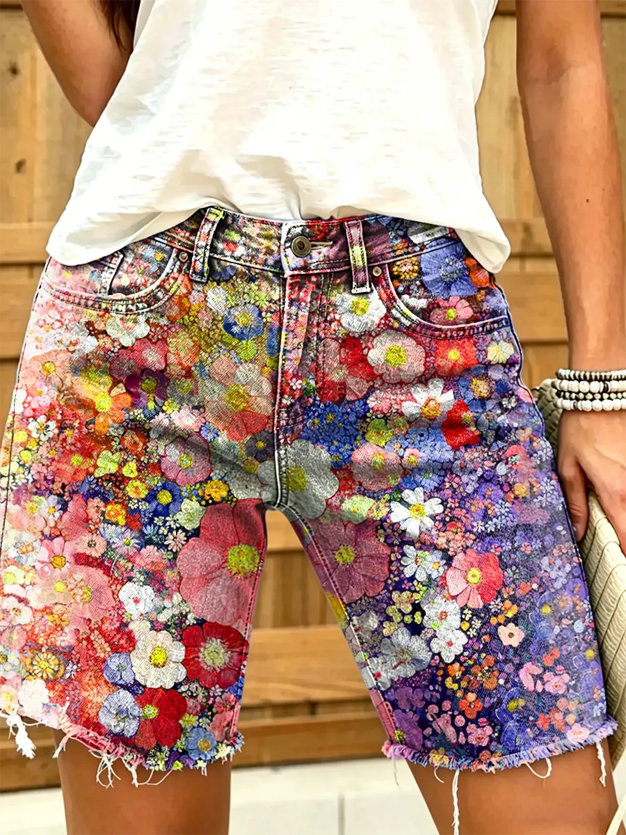 Women's All-Over Watercolor Floral Print Frayed Denim Bermuda Shorts
