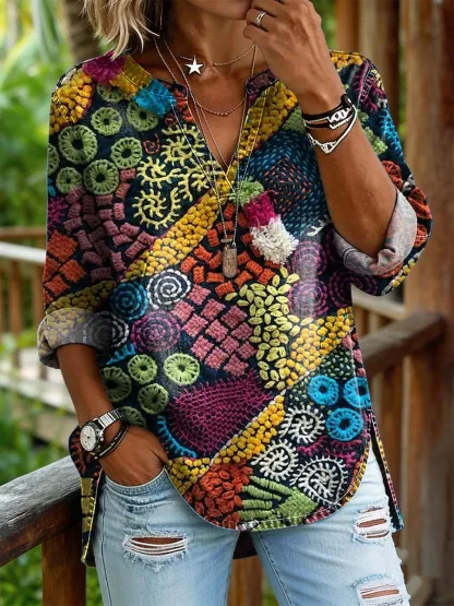 Women's Retro Colorful Art Print Casual Long-sleeve V-neck Shirt