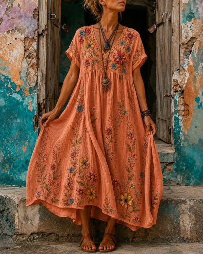 Women's Vacation Linen Boho Floral Embroidery V-Neck Short Sleeve Maxi Dress