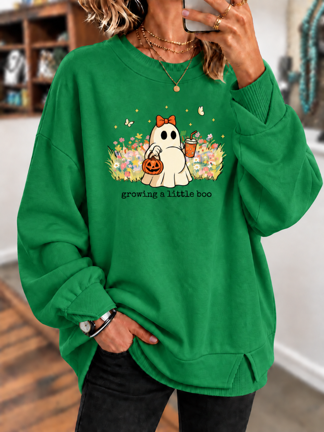 Growing a Little Boo Halloween Pregnancy Printed Sweatshirt