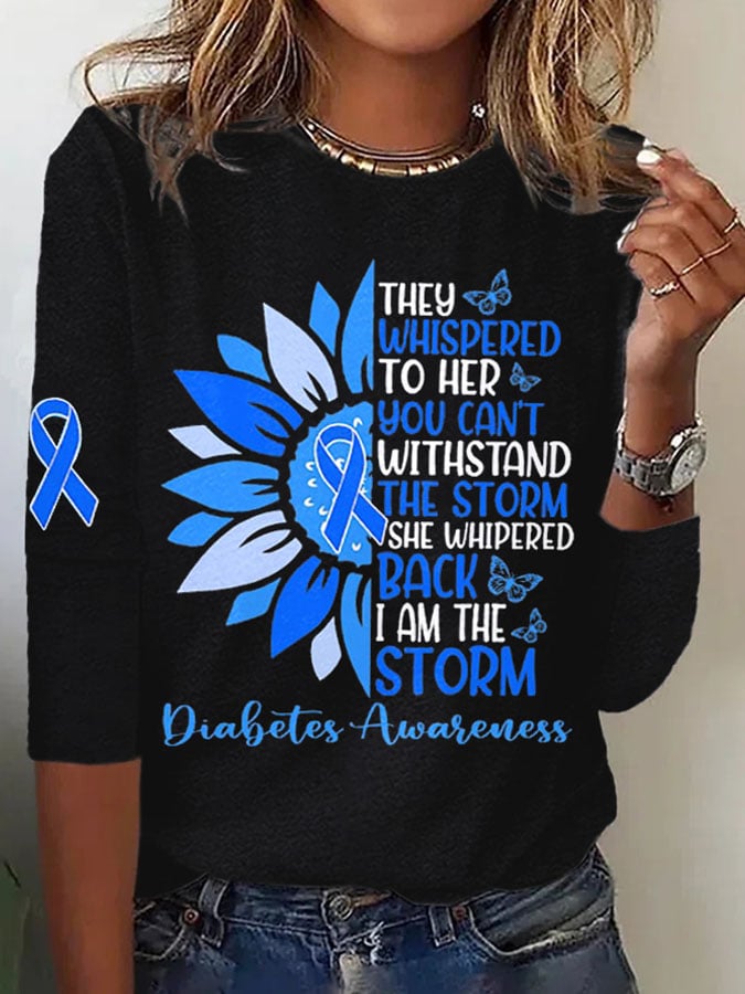 Retro Diabetes Awareness She Whispered Back I Am The Storm Sunflower Blue Ribbon Print T-Shirt