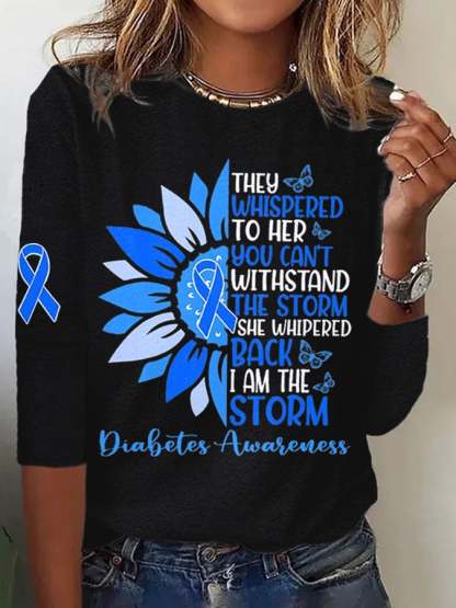 Retro Diabetes Awareness She Whispered Back I Am The Storm Sunflower Blue Ribbon Print T-Shirt
