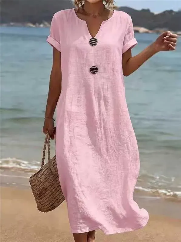 Summer Midi Dress with V-Neck & Decorative Buttons – Light Linen Material, Short Flared Sleeves
