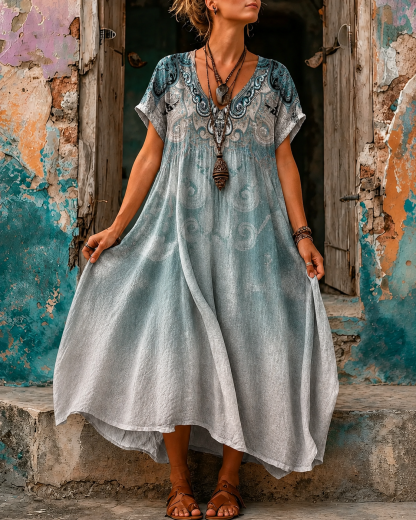 Women's Vacation Linen Boho Floral Print V-Neck Short Sleeve Maxi Dress