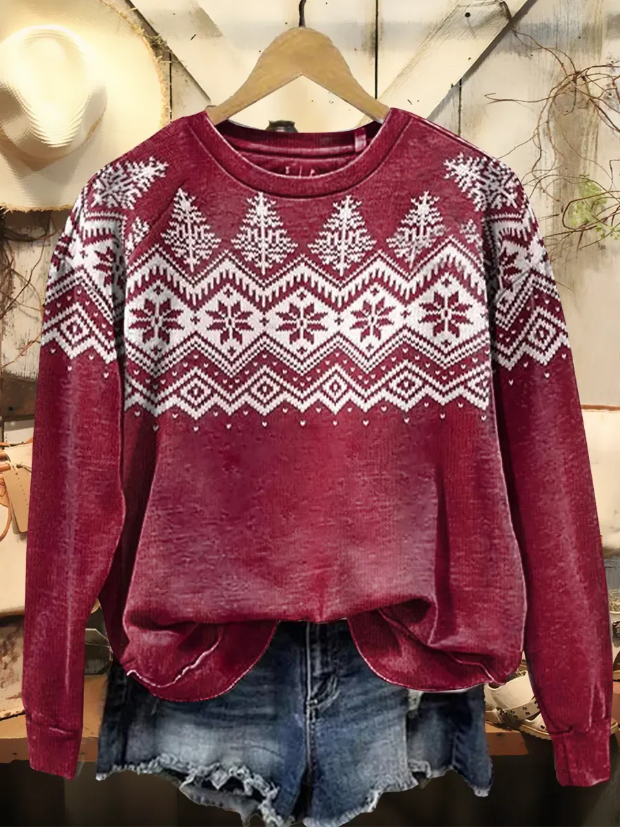 Women's Vintage Ethnic Floral Christmas Tree Art Print Crewneck Sweats