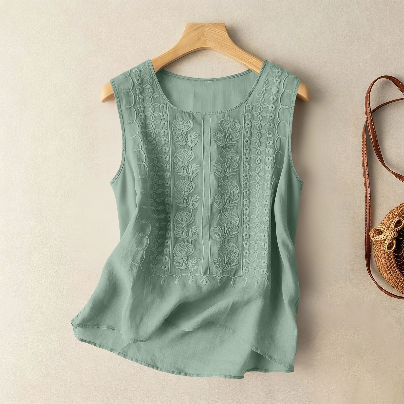 Women's Cotton and Linen Round Neck Embroidered Tank Tops