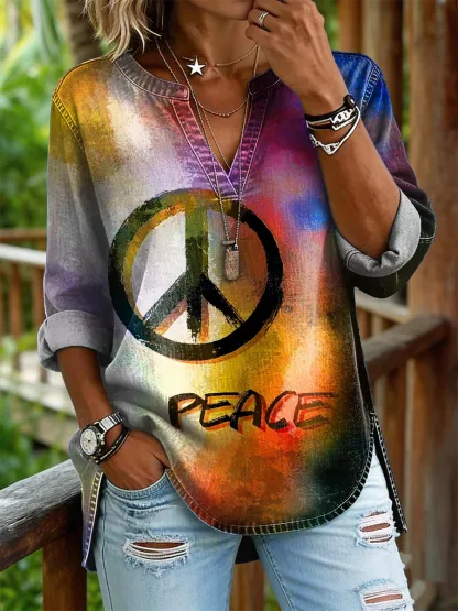 Women's Retro Peace Art Print Casual Long-sleeve V-neck Shirt
