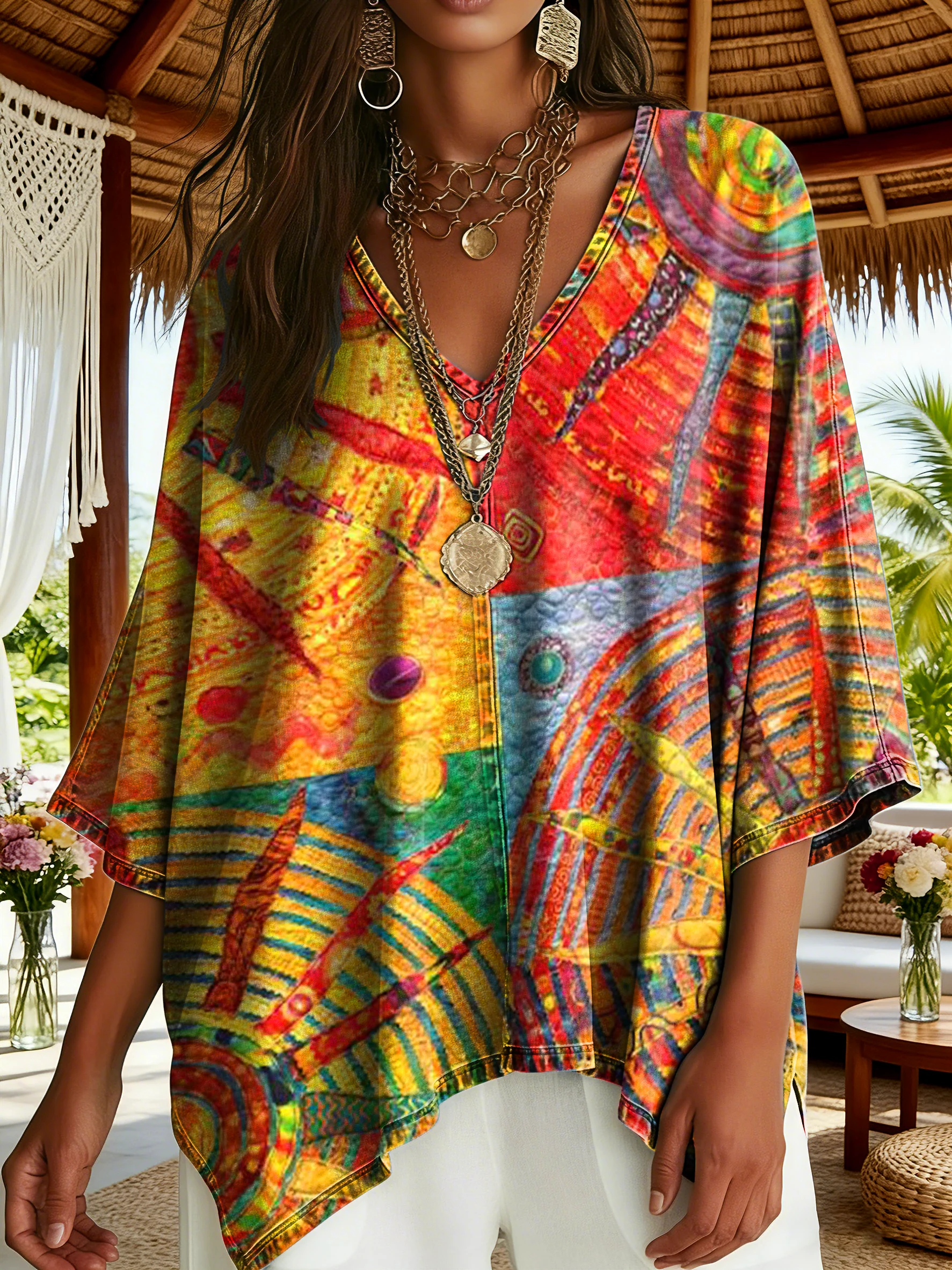 Women's Ethnic Bohemian Sun Art Print Casual V-neck Batwing Sleeve Top