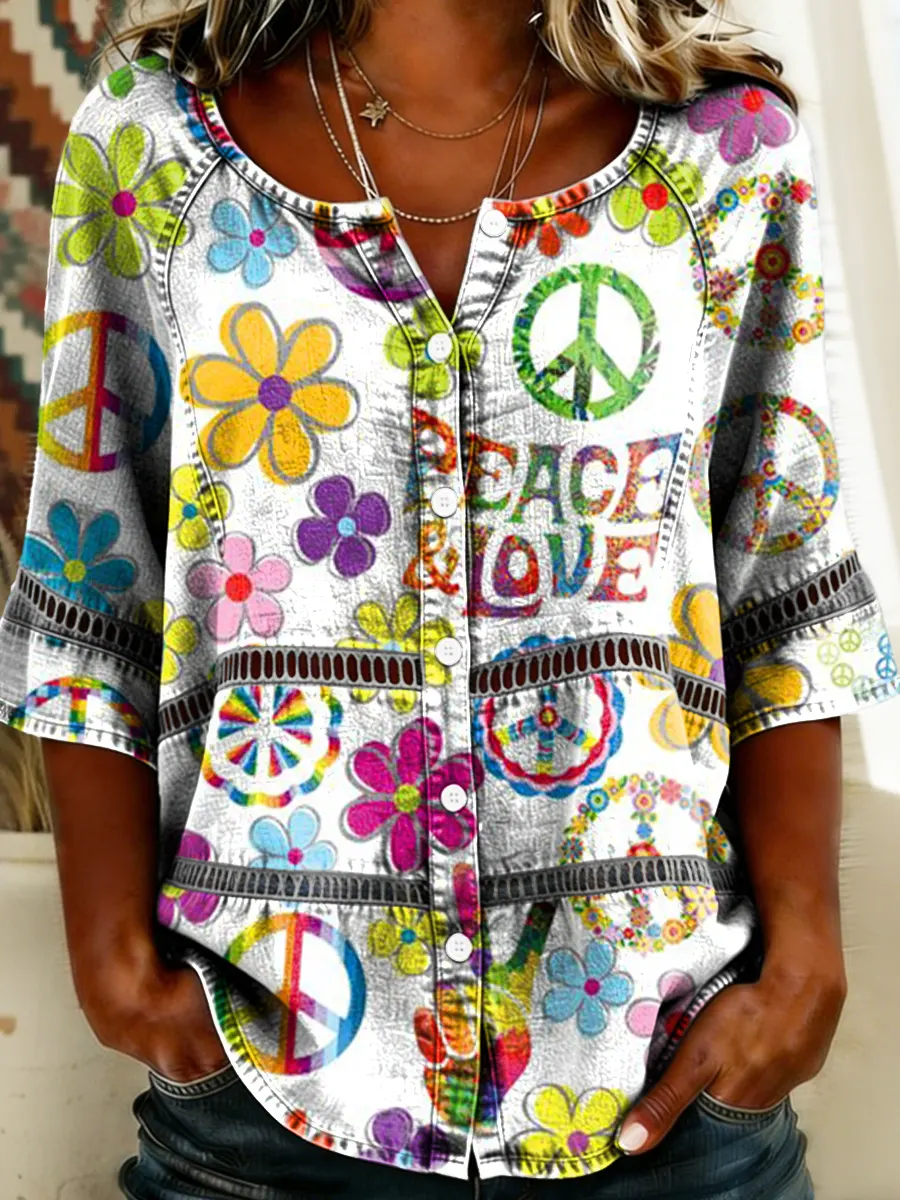 Women's Hippie And Peace Flower Print Cutout Shirt