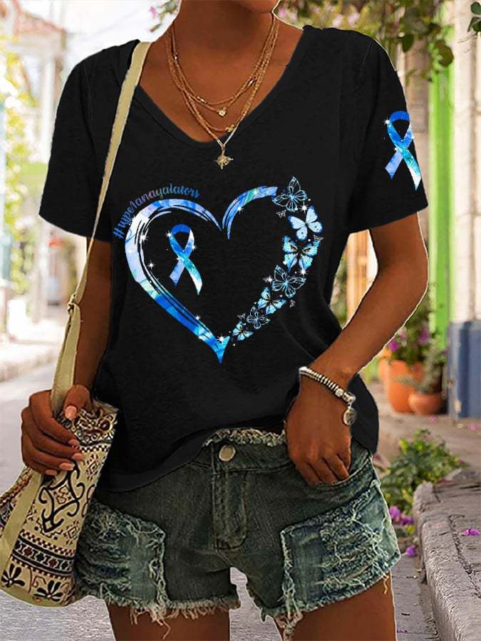 Women's Diabetes Awareness Blue Ribbon Supports Warriors Print Casual T-Shirt