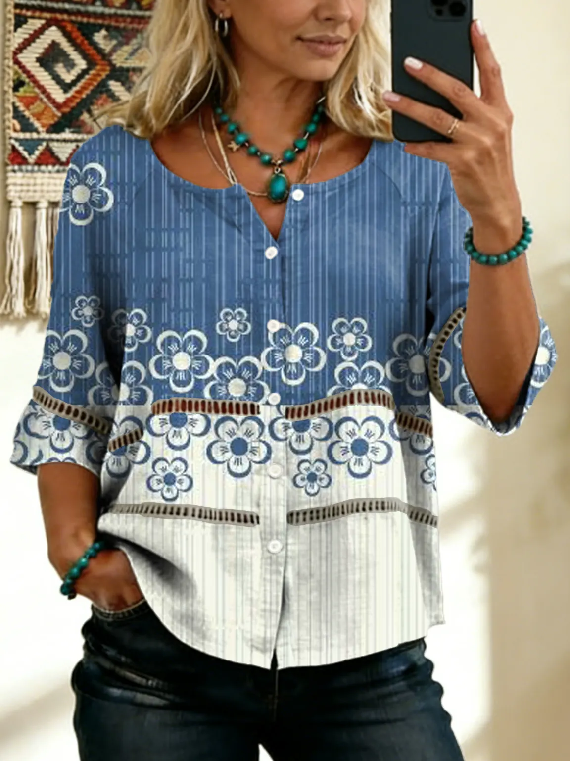 Women's Vintage Floral Art Print Tie-front Button-up Cotton-linen Blend Short-sleeve Shirt