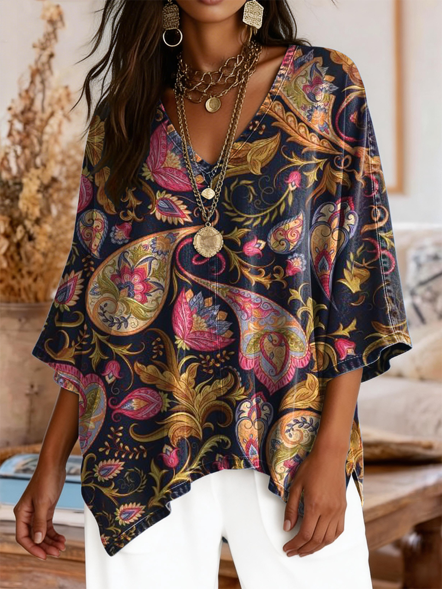 Women's Retro Bohemian Paisley Art Print Casual V-neck Top