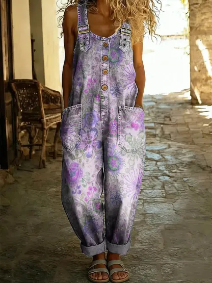 Women's Vintage Floral Art Print Sleeveless Washed Cotton Denim Jumpsuit