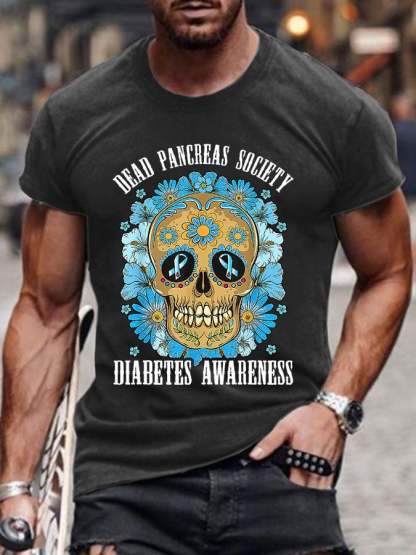 Men's Casual Diabetes Awareness Dead Pancreas Society Printed Short Sleeve T-Shirt