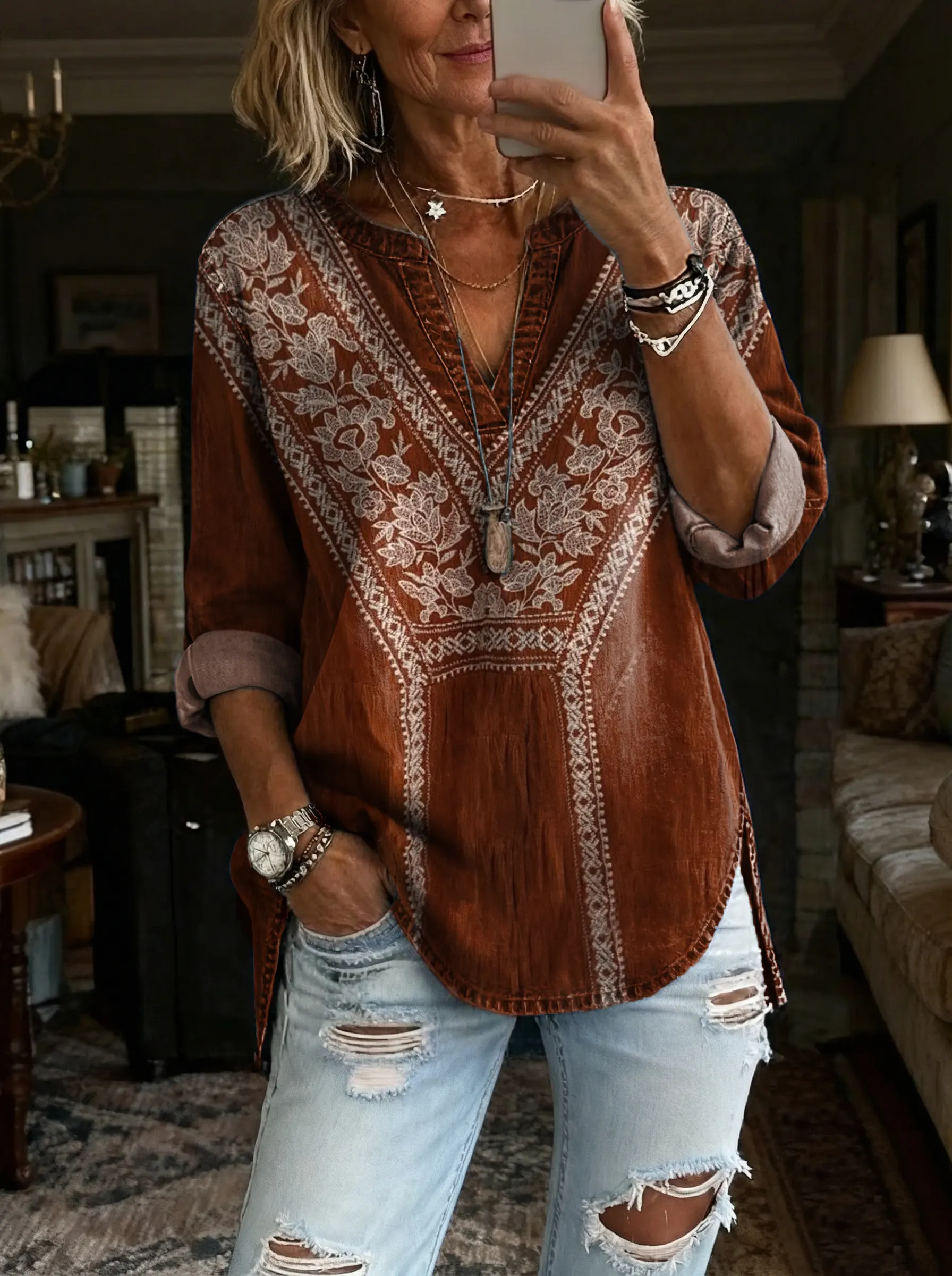 Women's Bohemian Retro Ethnic Floral Art Print Casual Long-Sleeve V-Neck Washed Cotton Denim Top