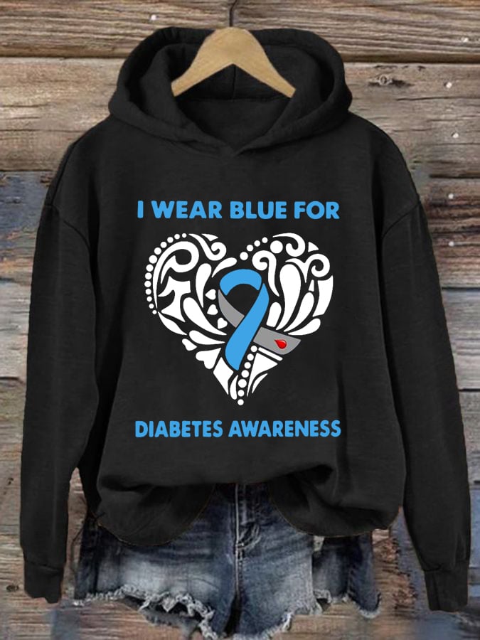 Women's I Wear Blue For Diabetes Awareness Print Hoodie Long Sleeve Sweatshirt