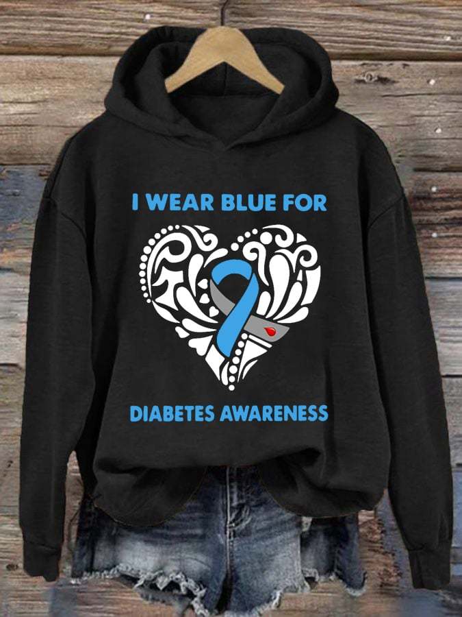 Women's I Wear Blue For Diabetes Awareness Print Hoodie Long Sleeve Sweatshirt