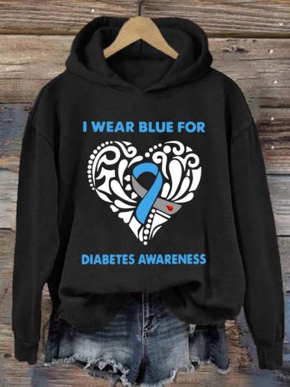 Women's I Wear Blue For Diabetes Awareness Print Hoodie Long Sleeve Sweatshirt