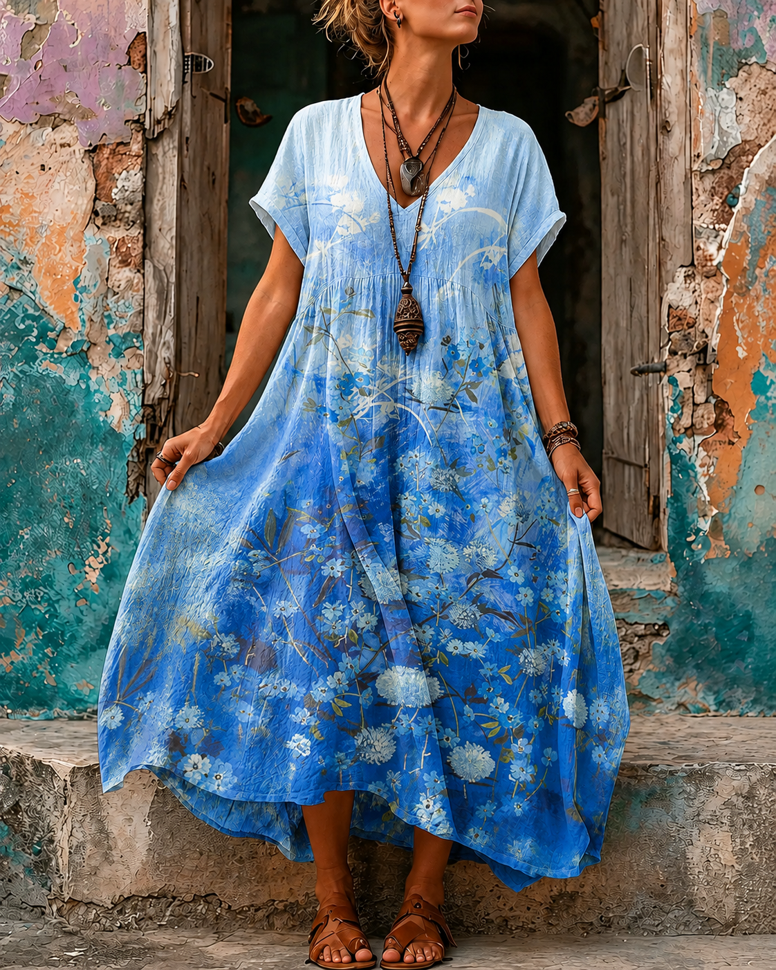 Women's Vacation Linen Boho Floral Print V-Neck Short Sleeve Maxi Dress