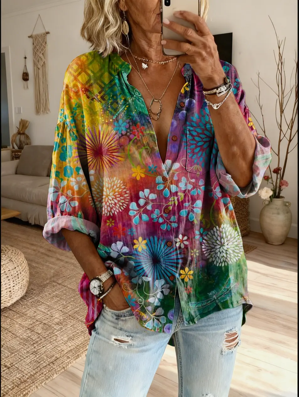 Ethnicity Colorful Flowers Geometry Women's Vintage Art Print Casual Cotton And Linen Shirt