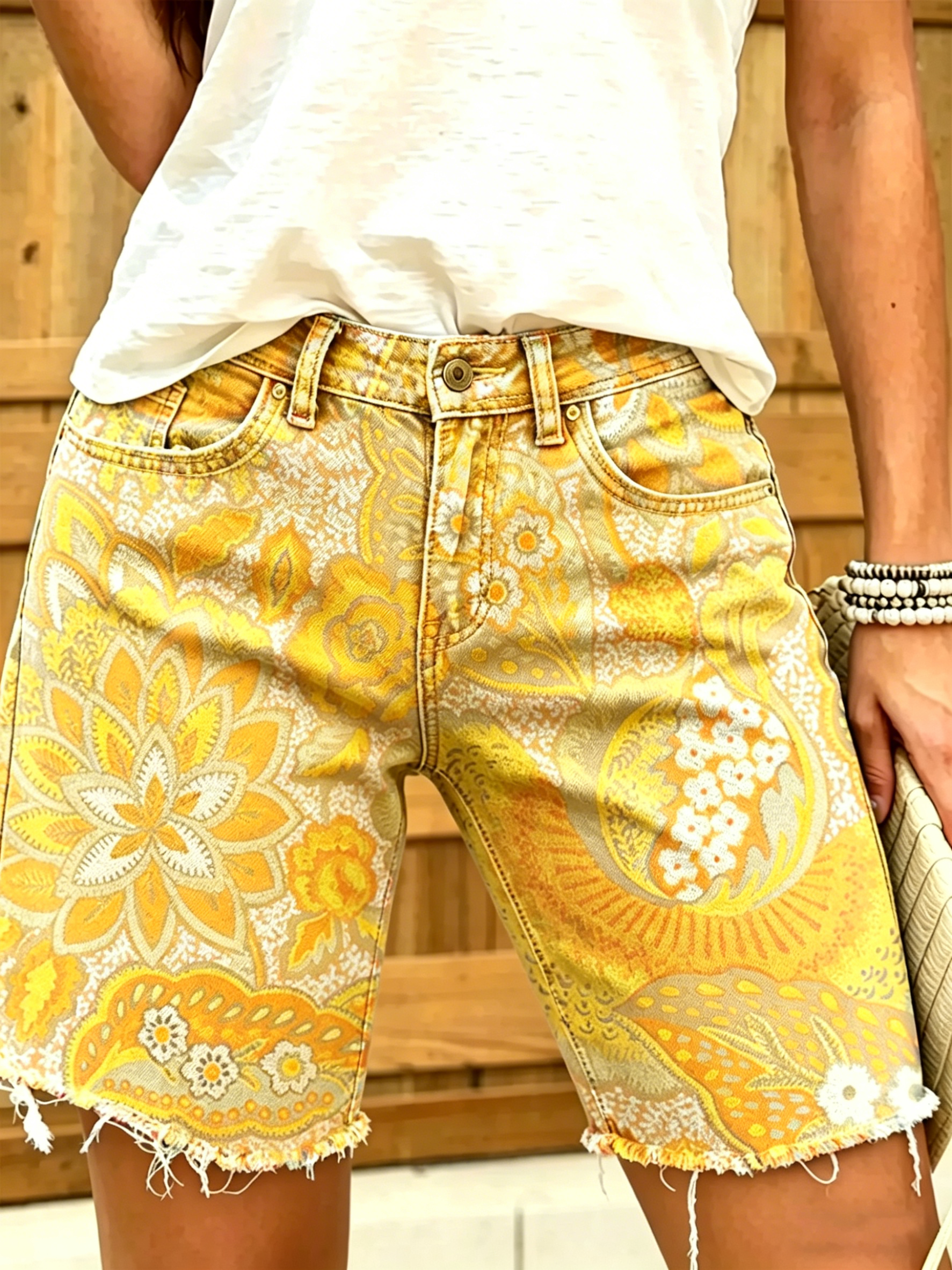 Women's Colorful Ethnic Flowers Print Denim Bermuda Shorts
