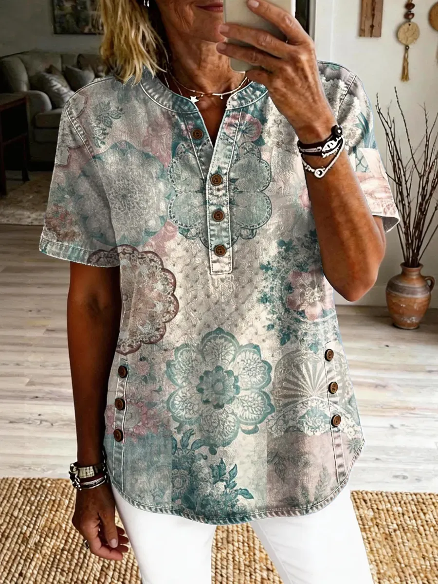 Women's Retro Ethnic-Style Floral Art Print Casual Short-Sleeve Shirt