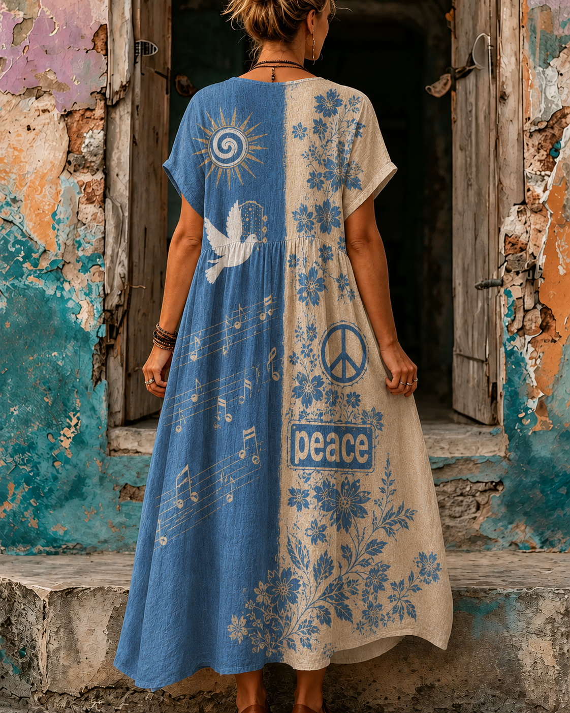 Women's Vacation Linen Boho Floral Print V-Neck Short Sleeve Maxi Dress