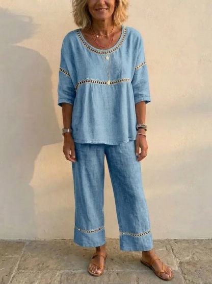 Women's Vintage Eyelet Casual Loose-Fit Linen Linen Two-Piece Set