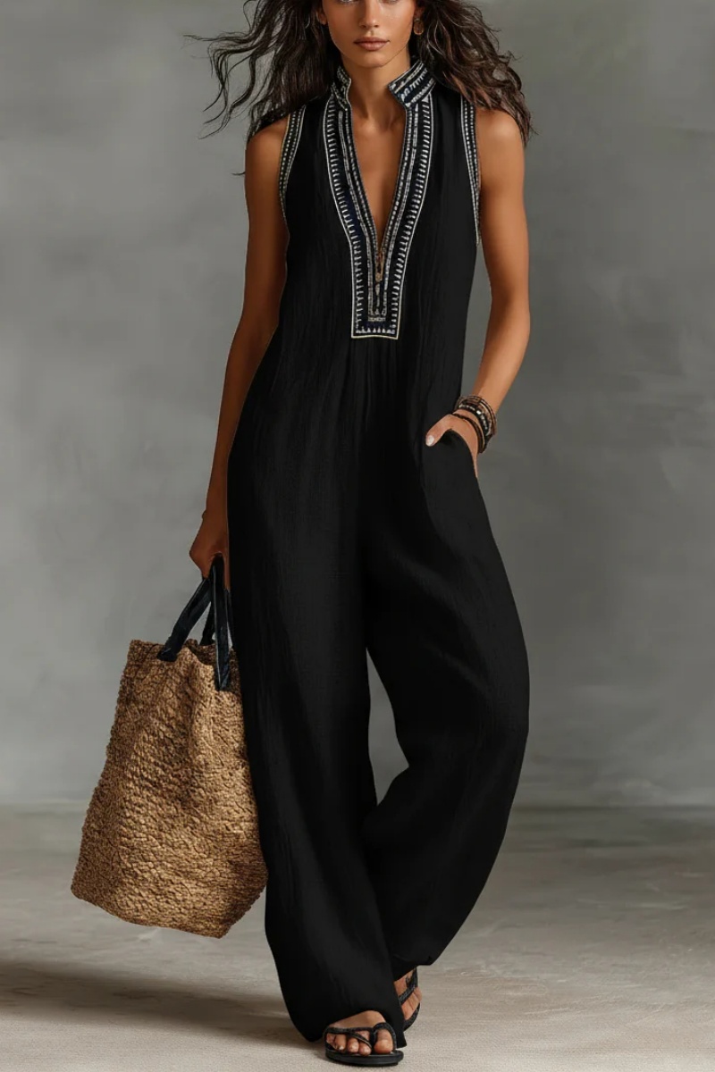 Women’s Linen Blend Sleeveless V-Neck Wide Leg Jumpsuit – Casual Summer Boho Romper with Pockets