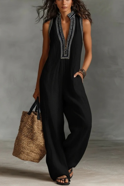 Women’s Linen Blend Sleeveless V-Neck Wide Leg Jumpsuit – Casual Summer Boho Romper with Pockets