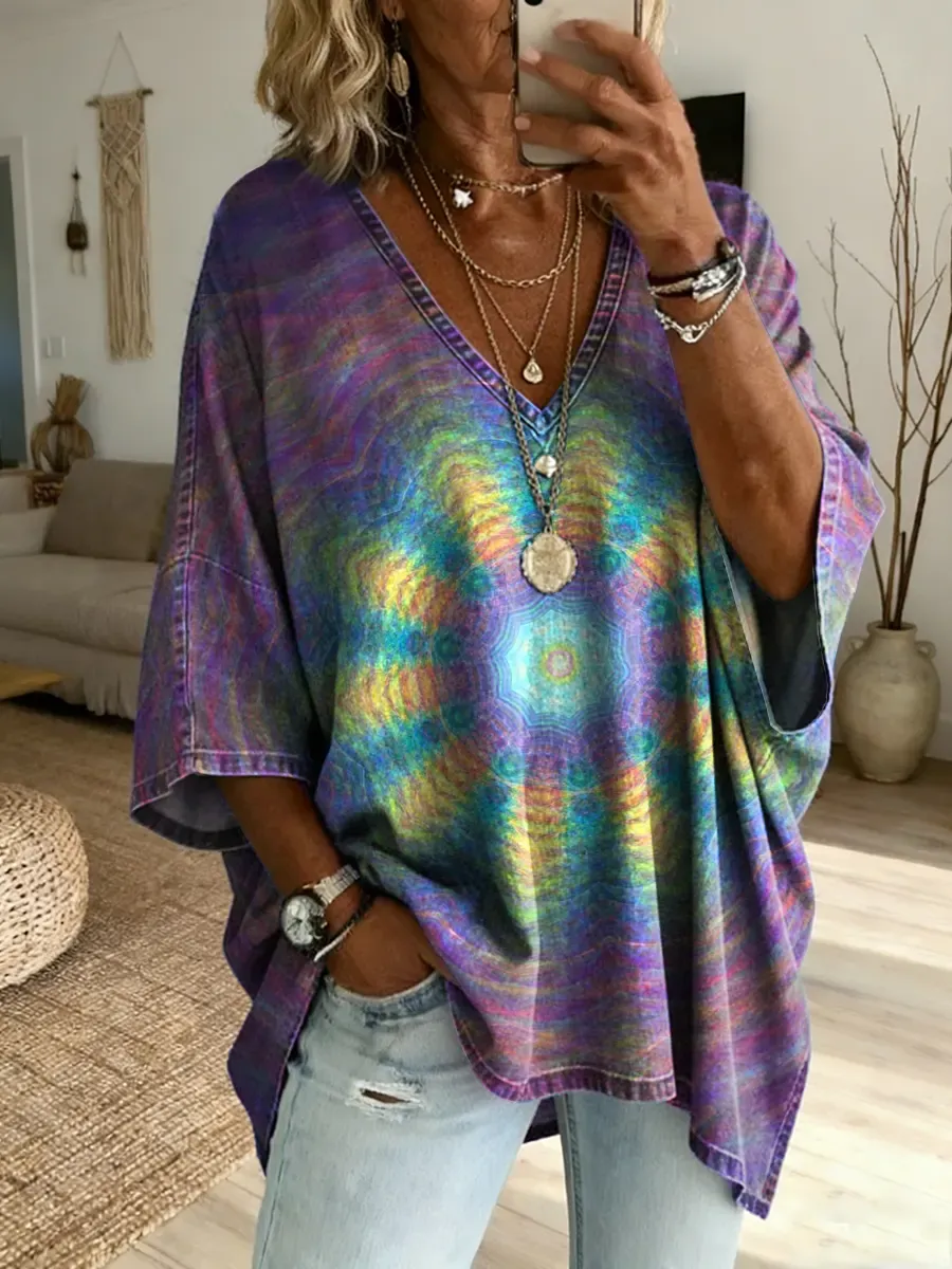 Ethnicity Kaleidoscope Purple Women's Art Print Casual Washed Cotton Denim Top