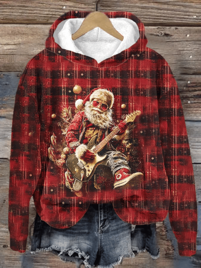 Women's Christmas Tree Plaid Punk Santa Claus Print Hoodie