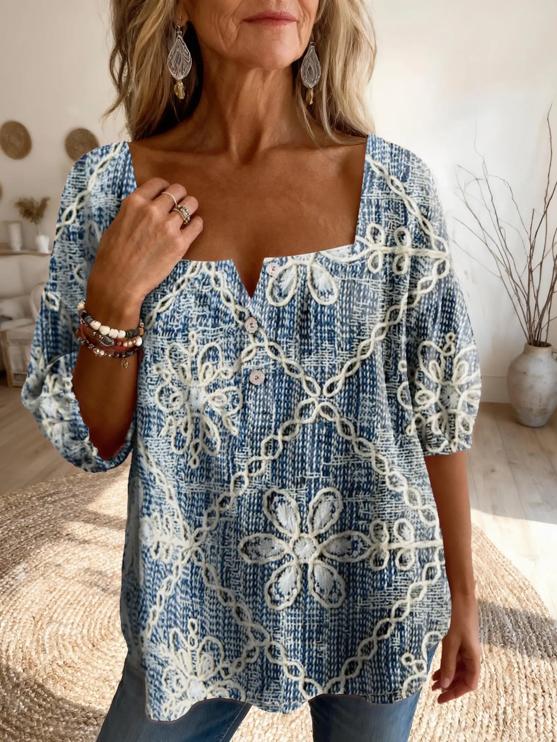 Women's Vintage-Style Floral Art Print Casual Square-Neck Top