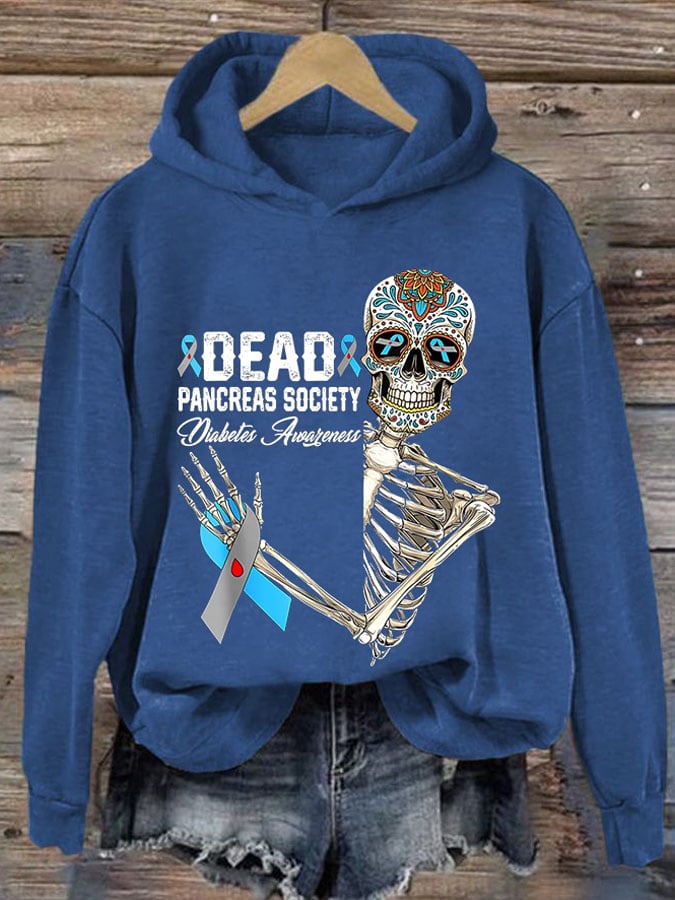 Women'S Retro Dead Pancreas Society Diabetes Awareness Day Sugar Skeleton Printed Hoodie