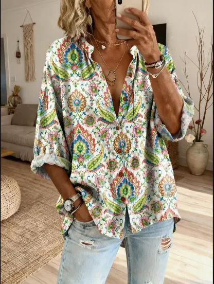 Ethnicity Geometry Flowers Totem Women's Vintage Art Print Casual Cotton And Linen Shirt