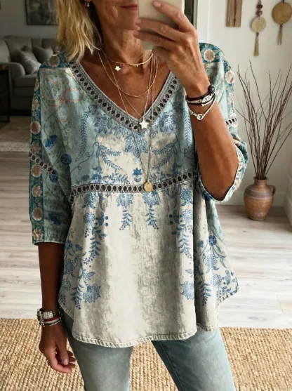 Women's Floral Pattern Art Print Casual V-neck Lace-up Top