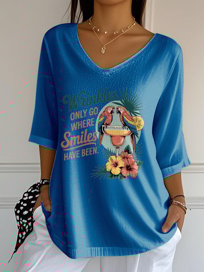 Women's Retro Wrinkles Only Go Where Smiles Have Been Print Mid Sleeve T-Shirt