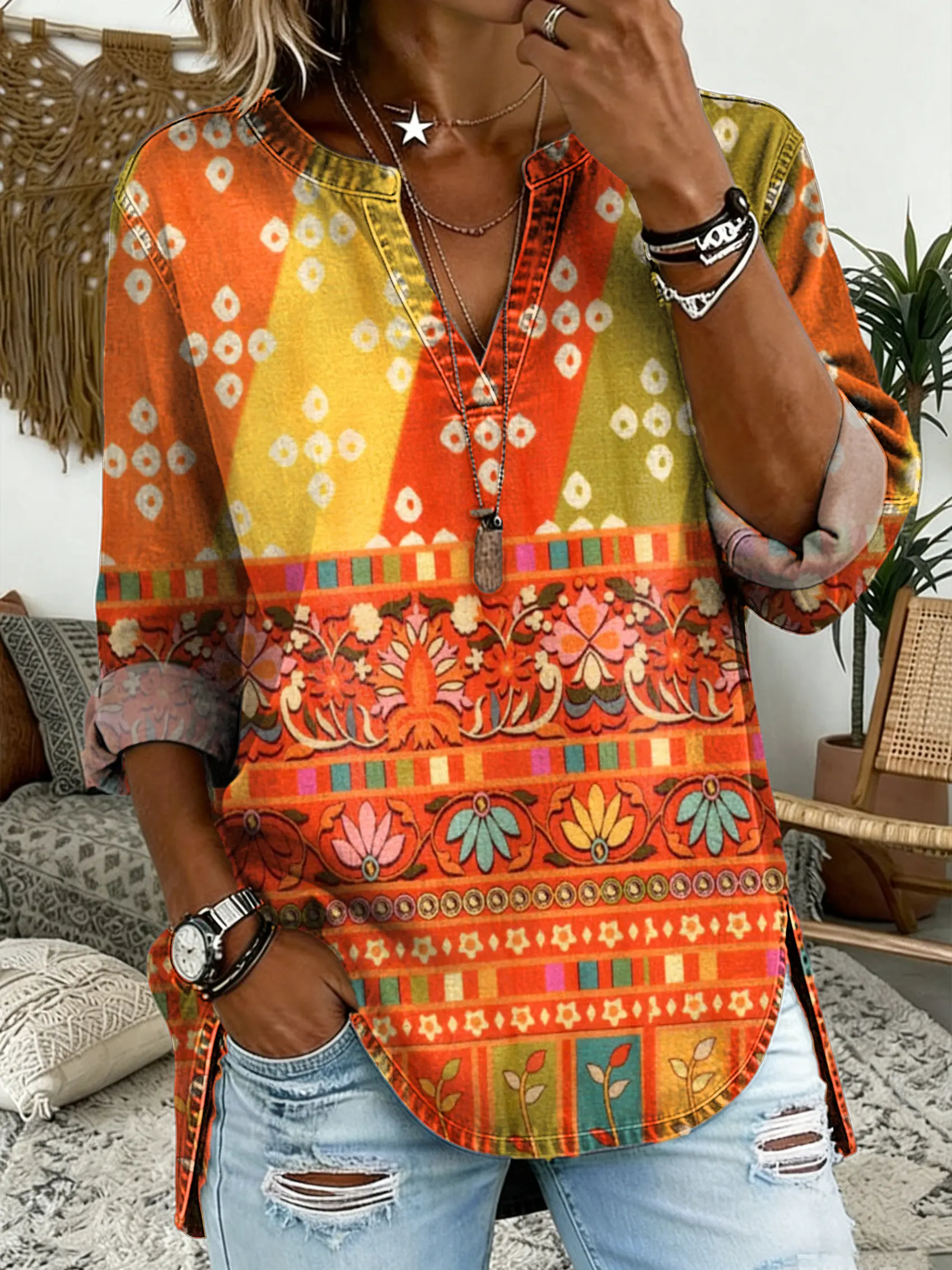 Women's Bohemian Floral Print V-neck Long-sleeved Denim Shirt