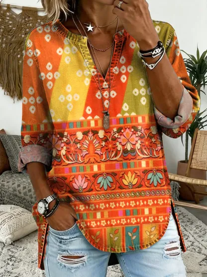 Women's Bohemian Floral Print V-neck Long-sleeved Denim Shirt