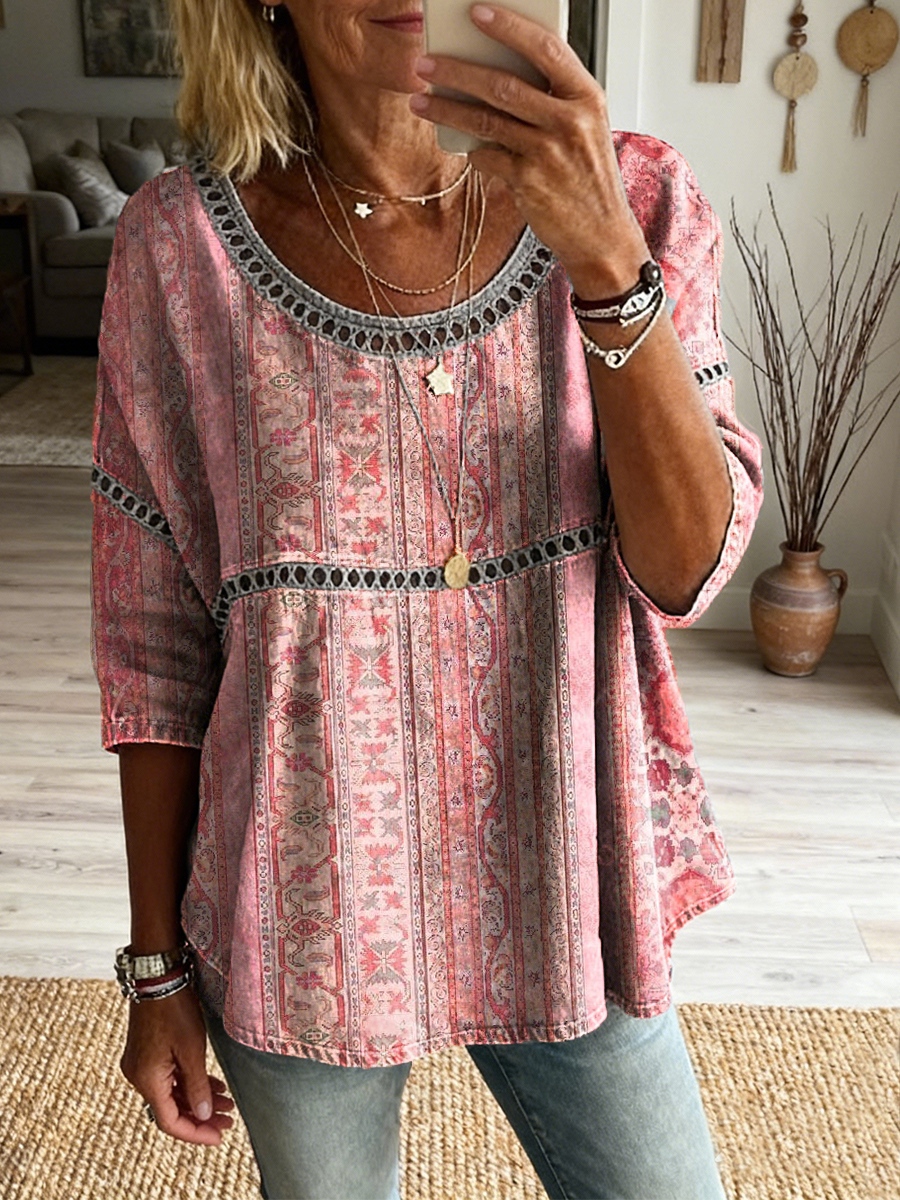 Women's Retro Ethnic Striped Art Print Casual Three-quarter Sleeve Round Neck Hollow-out Top