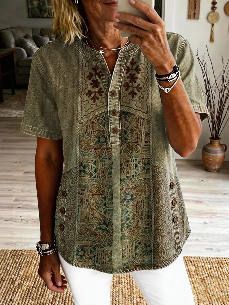 Women's Vintage Ethnic Pattern Art Print Casual Short-sleeve Washed Cotton Denim Shirt