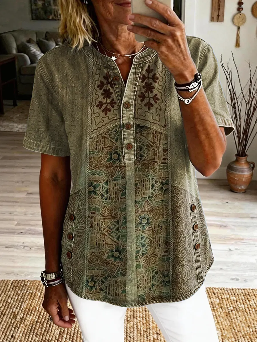 Women's Vintage Ethnic Pattern Art Print Casual Short-sleeve Washed Cotton Denim Shirt