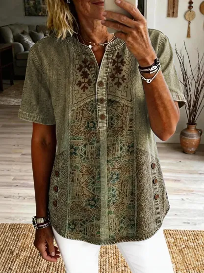 Women's Vintage Ethnic Pattern Art Print Casual Short-sleeve Washed Cotton Denim Shirt